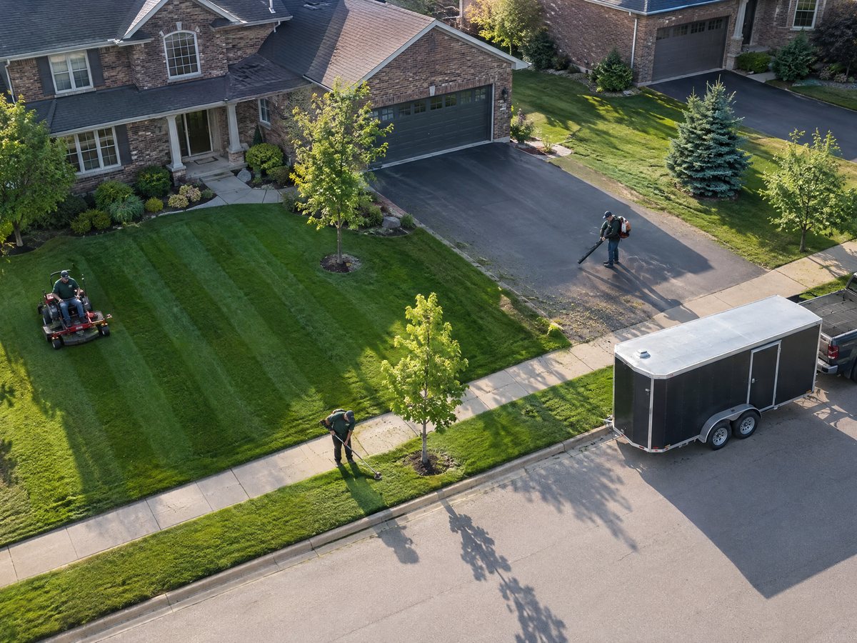 Aerial view of a lawn crew at work in a suburban neighbourhood