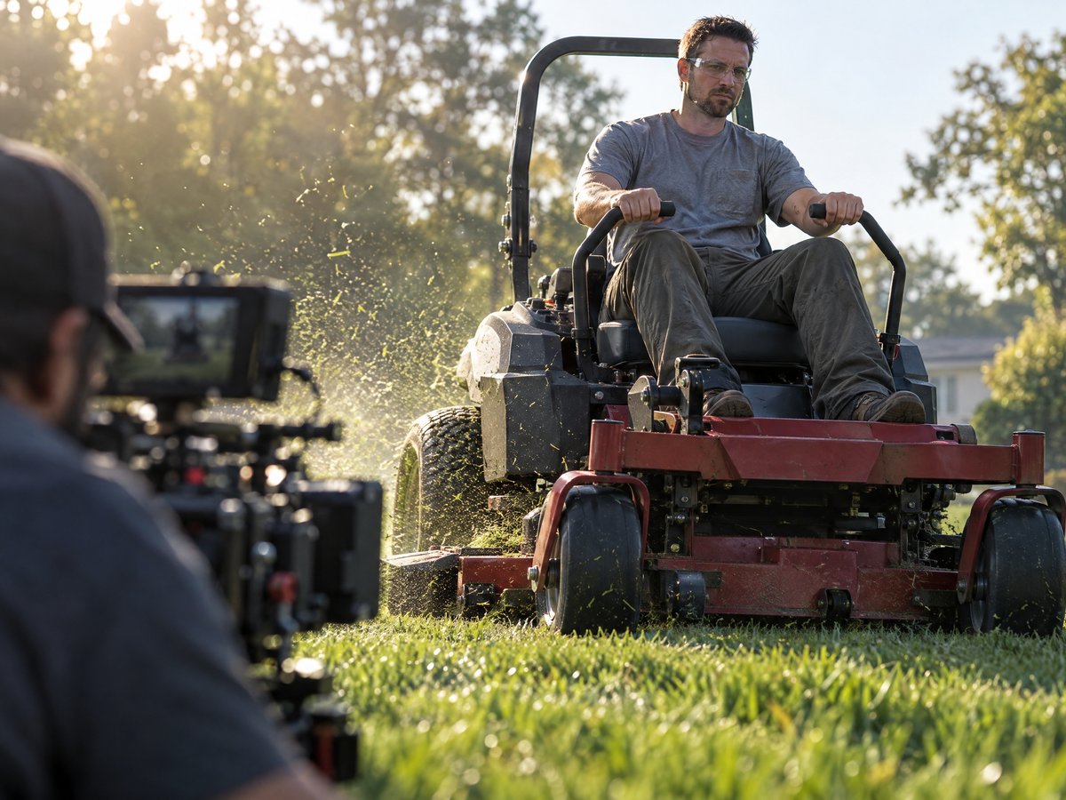 Low-angle shot of a zero-turn mower cutting grass in morning sun while a camera operator films