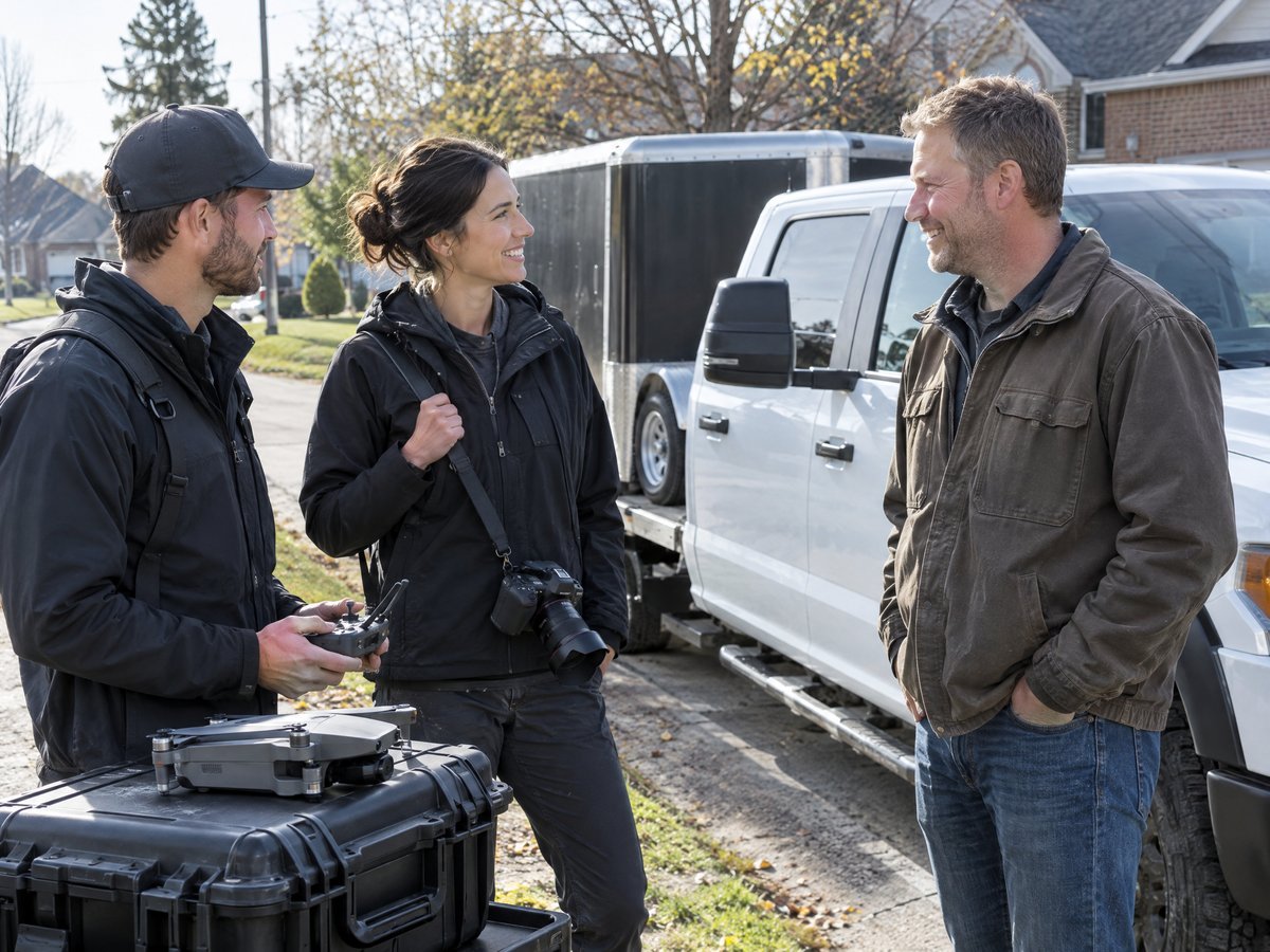 Drone pilot and videographer planning a shoot with a contractor beside his truck