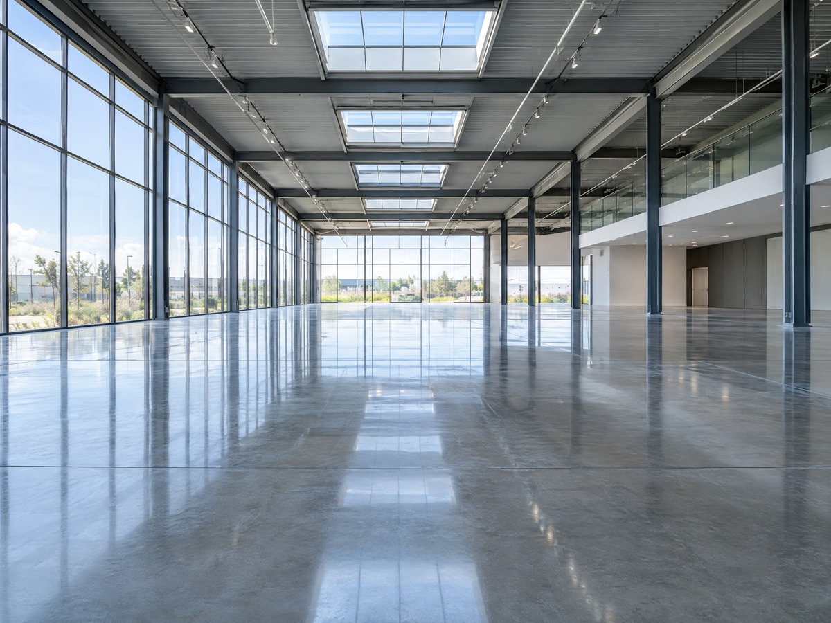 Large polished concrete floor in a commercial showroom reflecting the skylights