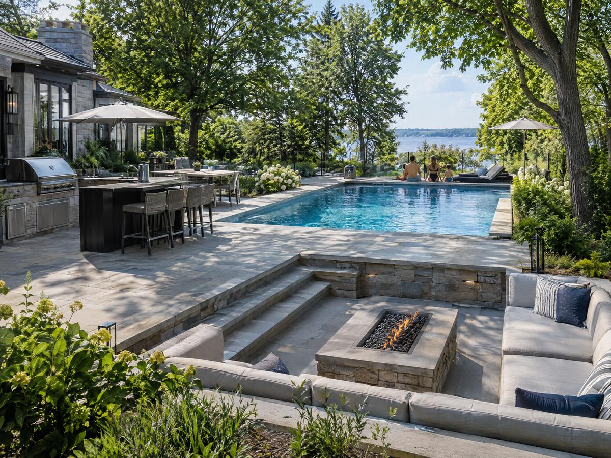 Finished luxury backyard with pool, outdoor kitchen and sunken fire pit