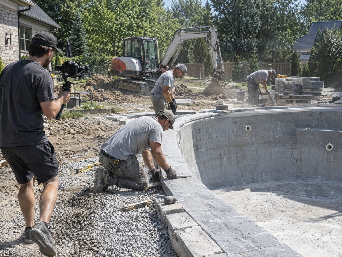 Videographer filming a crew setting stone coping on a new pool