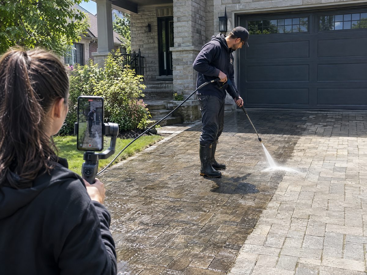 Pressure washing a driveway with a clean before-and-after line