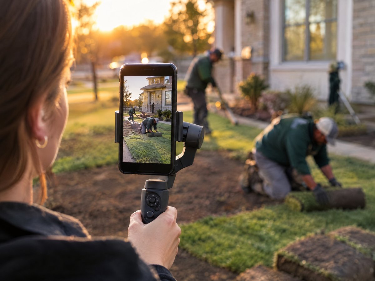 Content creator filming a vertical reel of a landscaping crew on a phone gimbal