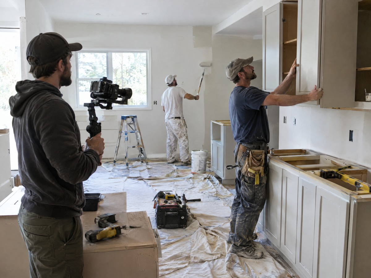 Videographer filming a contractor installing kitchen cabinets while a painter works
