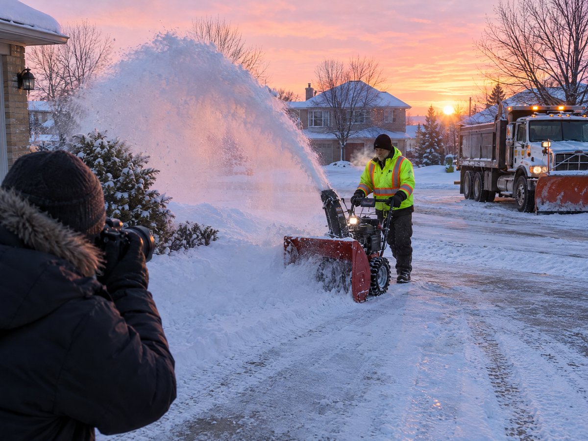 Crew member snowblowing a residential driveway at sunrise while a photographer shoots