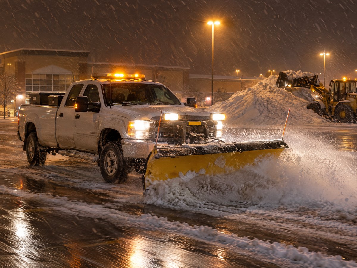 Plow truck clearing a parking lot at night with beacon lights on