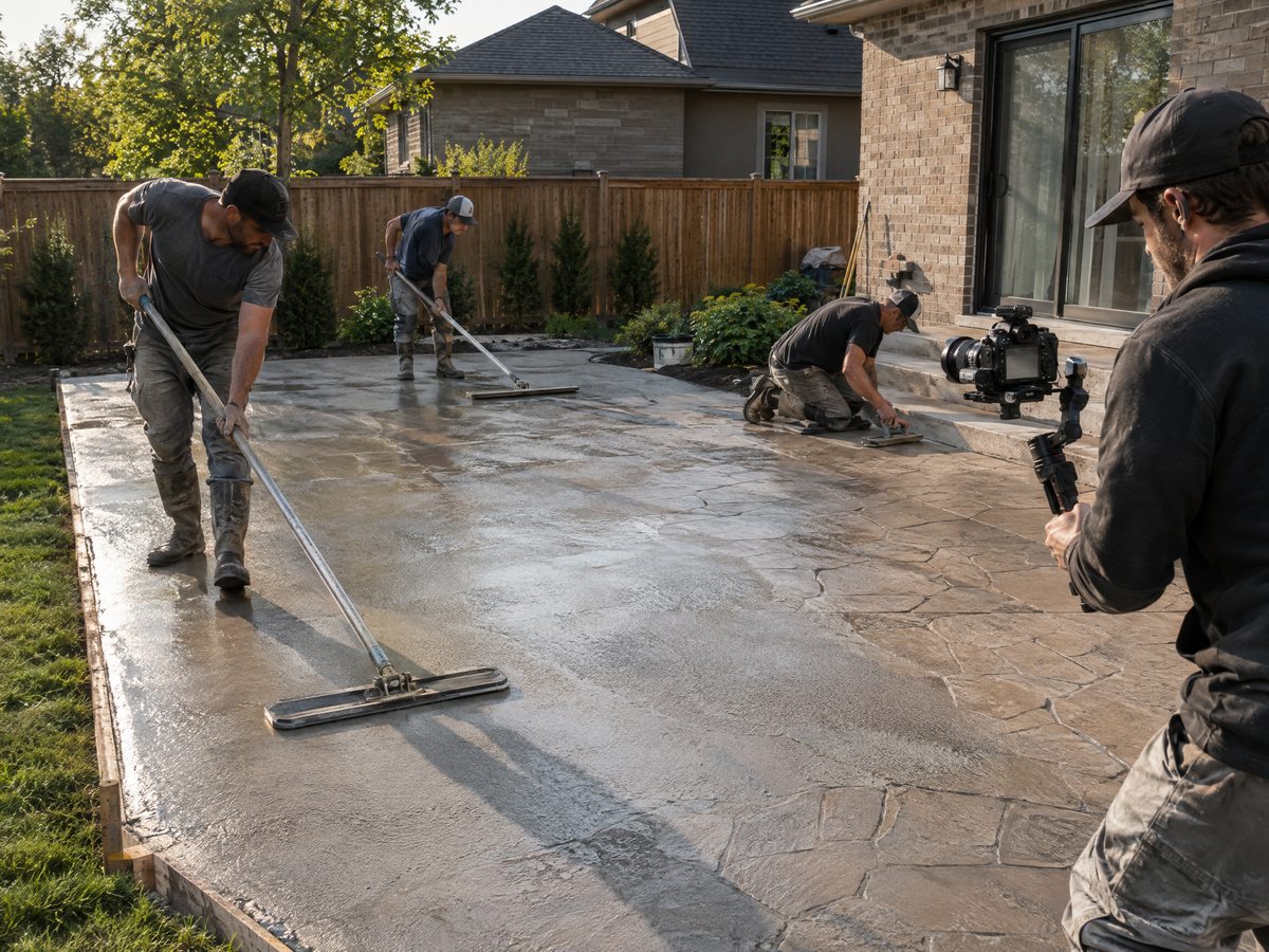 Videographer filming concrete finishers smoothing a stamped concrete patio
