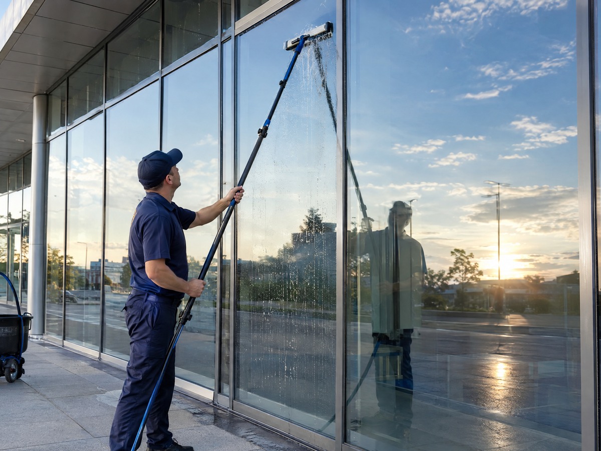 Window cleaner squeegeeing large storefront glass on a commercial building