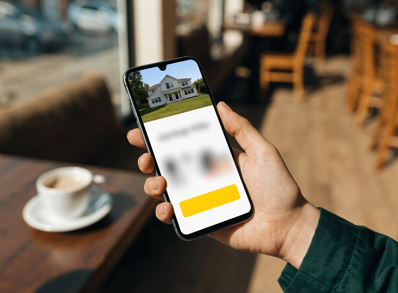 A phone showing a home-value landing page with one yellow button