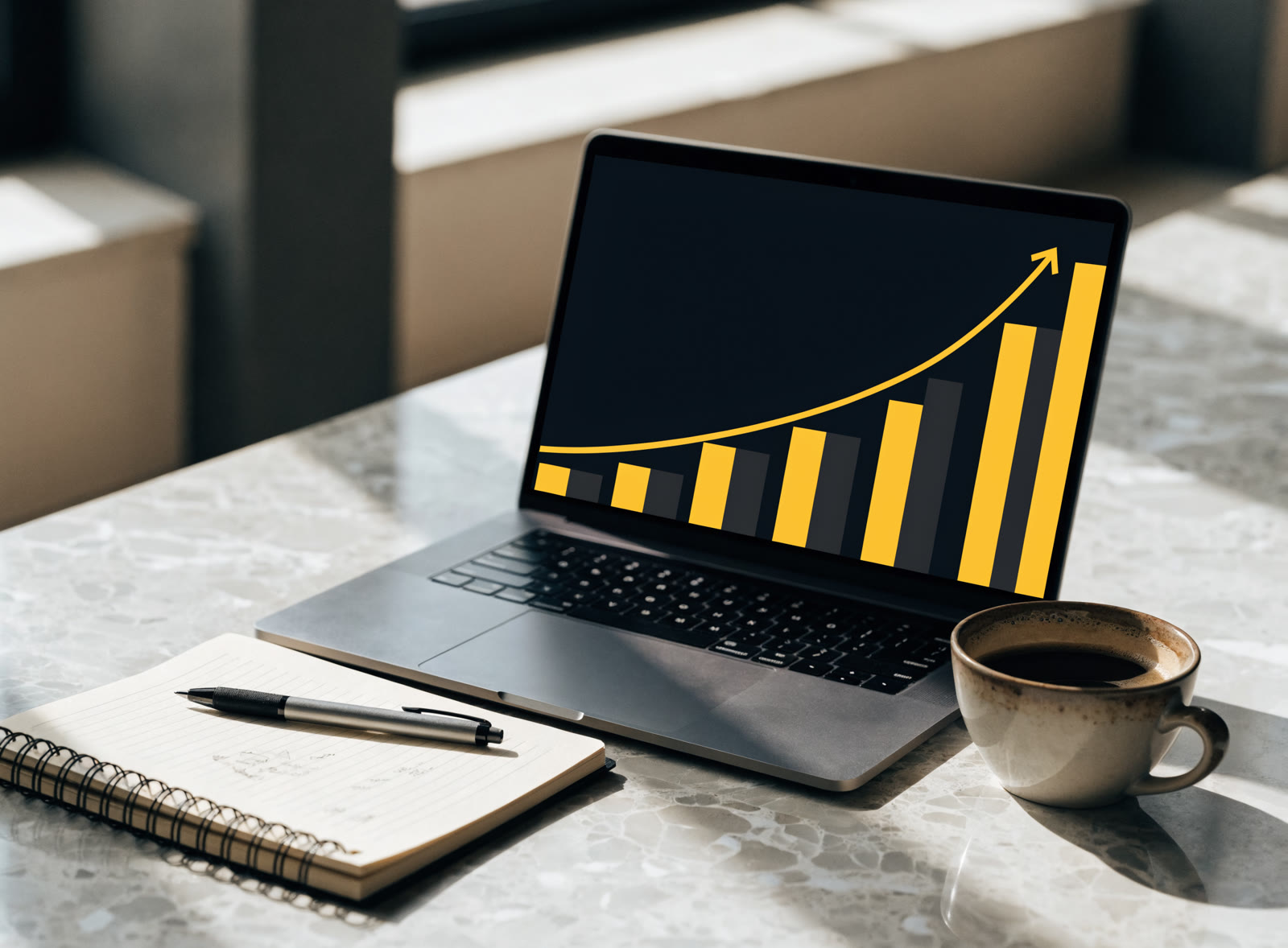 A laptop showing an ad dashboard with upward trending charts