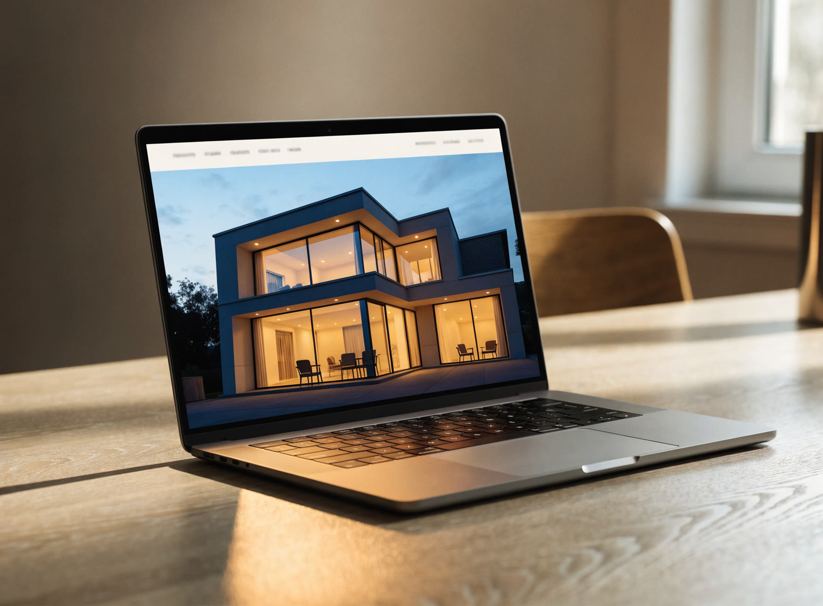 A laptop showing an agent website with a twilight listing photo