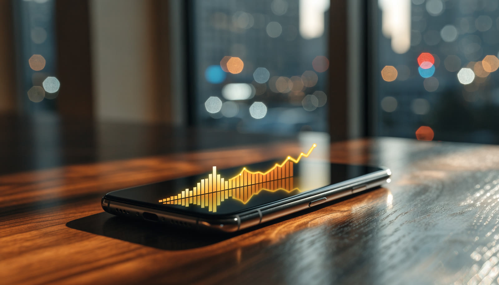 A phone on a desk showing a rising yellow growth chart