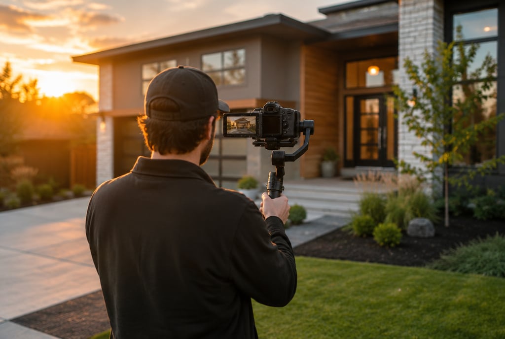 Videographer filming a home at golden hour with a gimbal camera