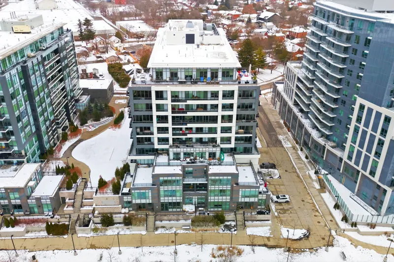 Aerial of a downtown condo building — Guelph real estate photography by Estate Shutter
