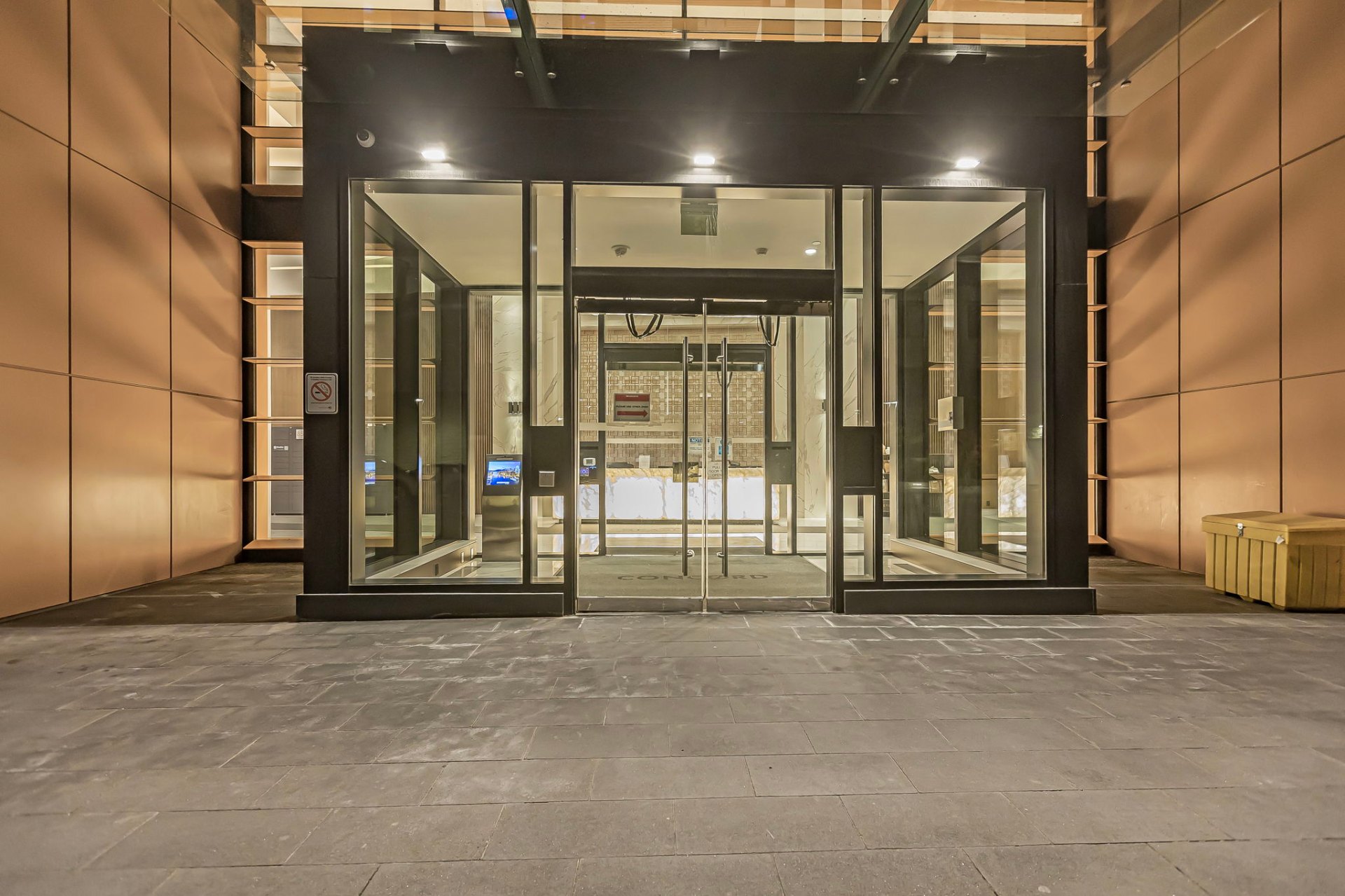 Modern building entrance at dusk