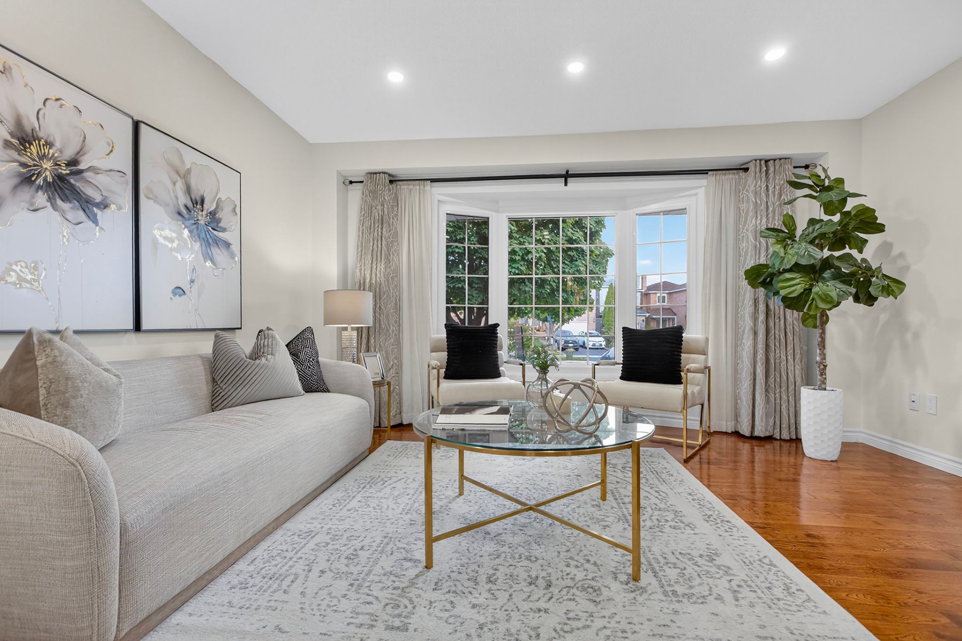 Elegant living room with bay windows